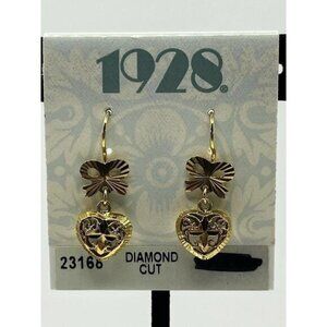 1928 Gold Tone Heart Bow Vintage Earrings Diamond Cut